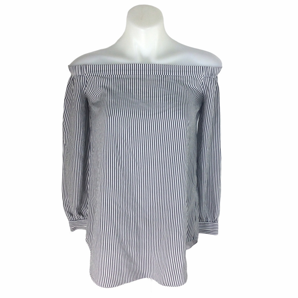 Cabi Brigette Off Shoulder Silk Striped Blouse